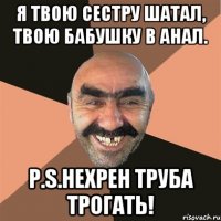Я твою сестру шатал, Твою бабушку в анал. P.S.Нехрен труба трогать!