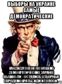 Выборы на Украине самые демократические Кандидатов не по нашему демократических заранее выкинули - остались отборные евродемократы, иди и голоси.