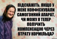 Підскажіть, якщо у мене конфіскували самогонний апарат, чи можу я тепер получить компенсацію через втрату кормільца?