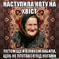 наступила коту на хвіст потом ще й віником набила, щоб не плутався під ногами