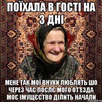 поїхала в гості на 3 дні мене так мої внуки люблять шо через час послє мого от’езда моє імущєство ділить начали