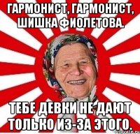 Гармонист, гармонист, Шишка фиолетова. Тебе девки не дают Только из-за этого.