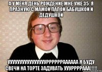 А у меня день рождение мне уже 35. Я празную с мамой папой бабушкой и дедушкой уУУУУУУУУУУУУУУУРРРРРРАААААА я буду свечи на торте задувать УУУррррааа!!!!!