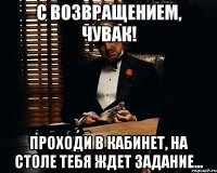 С возвращением, чувак! проходи в кабинет, на столе тебя ждет задание...