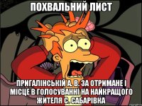 Похвальний лист Пригалінській А. В. за отримане І місце в голосуванні на найкращого жителя с. Сабарівка