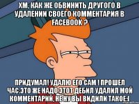 Хм, как же обвинить другого в удалении своего комментария в Facebook ? Придумал! Удалю его сам ! Прошел час.Это же надо этот дебил удалил мой комментарий, не ну вы видили такое:(