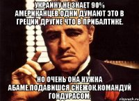 Украину не знает 90% американцев.одни думают это в греции другие что в прибалтике. Но очень она нужна абаме.подавишся снежок.командуй гондурасом.