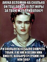 АНУКА вспомни-ка сколько он тебе за все 10 лет икры за твою МЗП приволок?! И сколько из её было сожрато тобой, а не им, и всеми ими вместе, наоборот?! Грамм 200 или 500?