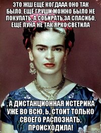 Это жш ещё когдааа оно так было, ещё груши можно было не покупать, а собирать за спасибо, ещё Луна не так ярко светила , а дистанционная истерика уже во всю, Ь, стоит только своего распознать, происходила!