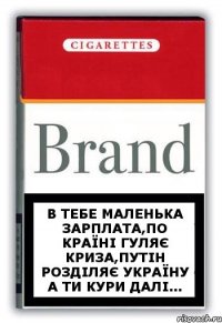 в тебе маленька зарплата,по країні гуляє криза,Путін розділяє Україну а ти кури далі...