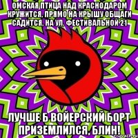 ОМСКАЯ ПТИЦА НАД КРАСНОДАРОМ КРУЖИТСЯ, ПРЯМО НА КРЫШУ ОБЩАГИ САДИТСЯ, НА УЛ. ФЕСТИВАЛЬНОЙ 21 ЛУЧШЕ Б ВОЙЕРСКИЙ БОРТ ПРИЗЕМЛИЛСЯ, БЛИН!