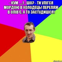 - Кум .....! - Шо? - Ти улігся мордою в холодець! Переляж в олів'є, а то застудишся! 