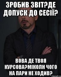 Зробив звіт?Де допуск до сесії? Вова де твоя курсова?Міколн чого на пари не ходив?