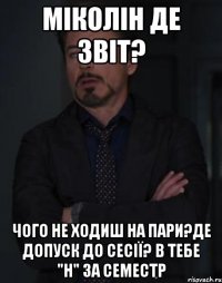 Міколін де звіт? Чого не ходиш на пари?Де допуск до сесії? В тебе "н" за семестр