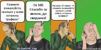 -Скажите пожалуйста, сколько у меня осталось трафика? -56 Мб. Спасибо за звонок, до свидания! Прошло 30 минут: -А скажите пожалуйста сколько у меня сейчас осталось трафика?