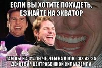 Если вы хотите похудеть, езжайте на экватор там Вы на 3% легче, чем на полюсах из-за действия центробежной силы Земли