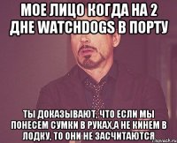 Мое лицо когда на 2 дне watchdogs в порту ты доказывают, что если мы понесем сумки в руках,а не кинем в лодку, то они не засчитаются