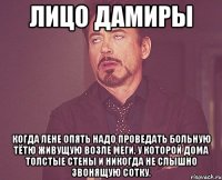 Лицо Дамиры Когда Лене опять надо проведать больную тётю живущую возле Меги, у которой дома толстые стены и никогда не слышно звонящую сотку.