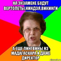 на экзамене будут вертолеты,ниндзя,викинги а еще пингвины из мадагаскара и даже директор