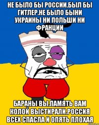 Не было бы россии.был бы гитлер.не было быни украины ни польши ни франции Бараны вы.память вам колой выстирали.россия всех спасла и опять плохая