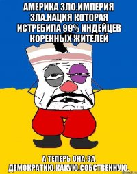 Америка зло.империя зла.нация которая истребила 99% индейцев коренных жителей А теперь она за демократию.какую.собственную.