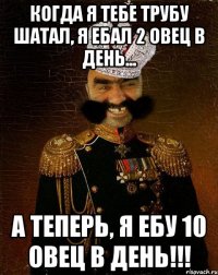 Когда я тебе трубу шатал, я ебал 2 овец в день... А теперь, я ебу 10 овец в день!!!