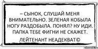 – Сынок, слушай меня внимательно. Зеленая кобыла ногу раздобыла. Понял? Ну иди. Папка тебе фигни не скажет. Лейтенант Неадекват©