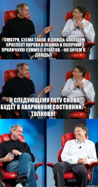 - Смотри, схема такая. В дождь закатаем проспект Кирова и Ленина и получим приличную сумму с откатов. - Но зачем в дождь? - К следующему лету снова будет в аварийном состоянии. - Толково! 