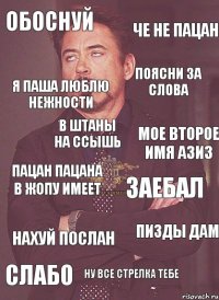 Обоснуй Поясни за слова Че не пацан Я Паша люблю нежности Мое второе имя Азиз Пацан пацана в жопу имеет Пизды дам Ну все стрелка тебе Нахуй послан В штаны на ссышь Заебал Слабо