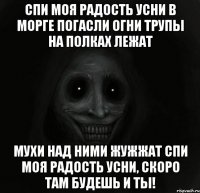 Спи моя радость усни В морге погасли огни Трупы на полках лежат Мухи над ними жужжат Спи моя радость усни, Скоро там будешь и ты!