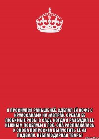  Я проснулся раньше неё. Сделал ей кофе с круассанами на завтрак, срезал ее любимые розы в саду. Когда я разбудил ее нежным поцелуем в лоб, она расплакалась и снова попросила выпустить её из подвала. Неблагодарная тварь!