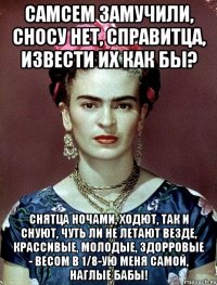 Самсем замучили, сносу нет, справитца, извести их как бы? Снятца ночами, ходют, так и снуют, чуть ли не летают везде, крассивые, молодые, здорровые - весом в 1/8-ую меня самой, наглые бабы!