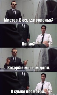 Мистер, Бюз, где соленья? Какие? Которые мы вам дали. В сумке посмотри...