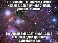 Итоги нашего конкурса! 1 место. Hikari) 2. Даша Жукова 3. Даша Дюпина. 4. Алёна. И в финал выходят: Hikari, Даша Жукова и Даша Дюпина! ПОЗДРАВЛЯЮ ВАС!