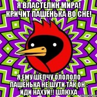 Я властелин мира! Кричит пашенька во сне! я ему шепчу Олололо пашенька не шути так он : ИДИ НАХУЙ!! ШЛЮХА