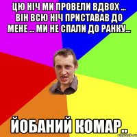 Цю ніч ми провели вдвох ... він всю ніч приставав до мене ... ми не спали до ранку... йобаний комар..