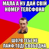 мала а ну дай свій номер телєфона шо?в тебе не лайф,тоді свободна