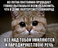 ИЗ ЛОТКА ПОСТОЯННО ПРОПАДАЕТ ГОВНО! ПЫТАЕШЬСЯ ВСЕМ ОБЪЯСНИТЬ, ЧТО В ДОМЕ ПОЛТЕРГЕЙСТ-ГОВНОКРАД ВСЕ НАД ТОБОЙ УМИЛЯЮТСЯ И ПАРОДИРУЮТ ТВОЮ РЕЧЬ