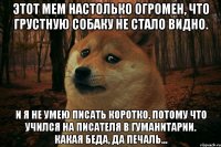 Этот мем настолько огромен, что грустную собаку не стало видно. И я не умею писать коротко, потому что учился на писателя в гуманитарии. Какая беда, да печаль...