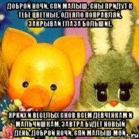 Доброй ночи, спи малыш, Сны придут к тебе цветные. Одеяло поправляй, закрывай глаза большие. Ярких и веселых снов Всем девченкам и мальчишкам. Завтра будет новый день, Доброй ночи, спи малыш мой