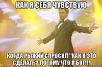 как я себя чувствую когда рыжий спросил "как я это сделал"? потому что я бог!!!