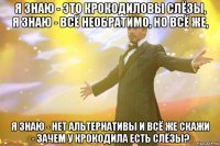 Я знаю - это крокодиловы слёзы, Я знаю - всё необратимо, но всё же, Я знаю - нет альтернативы и всё же Скажи - зачем у крокодила есть слёзы?