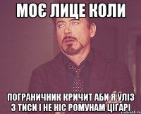 МОЄ ЛИЦЕ КОЛИ ПОГРАНИЧНИК КРИЧИТ АБИ Я УЛІЗ З ТИСИ І НЕ НІС РОМУНАМ ЦІҐАРІ