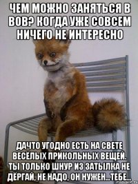 Чем можно заняться в вов? когда уже совсем ничего не интересно Дачто угодно есть на свете весёлых прикольных вещей. Ты только шнур из затылка не дёргай, не надо, он нужен...тебе...