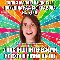 Сіли з малою на дієту. Я похуділа на 4,130 кг,а вона на 5,130. У НАС ІНШІ ІНТЕРЕСИ,МИ не схожі рівно на 1кг