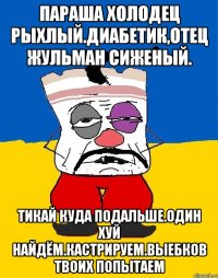 Параша холодец рыхлый.диабетик,отец жульман сиженый. Тикай куда подальше.один хуй найдём.кастрируем.выебков твоих попытаем