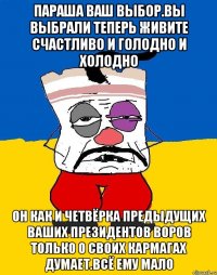 Параша ваш выбор.вы выбрали теперь живите счастливо и голодно и холодно Он как и четвёрка предыдущих ваших президентов воров только о своих кармагах думает.всё ему мало