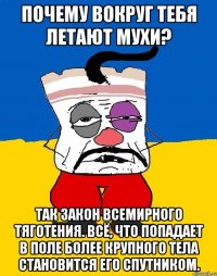 Почему вокруг тебя летают мухи? Так закон всемирного тяготения. Всё, что попадает в поле более крупного тела становится его спутником.