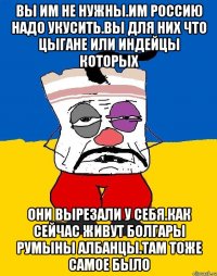 Вы им не нужны.им россию надо укусить.вы для них что цыгане или индейцы которых Они вырезали у себя.как сейчас живут болгары румыны албанцы.там тоже самое было