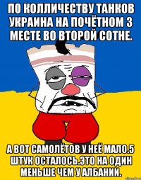 По колличеству танков украина на почётном 3 месте во второй сотне. А вот самолётов у неё мало.5 штук осталось.это на один меньше чем у албании.